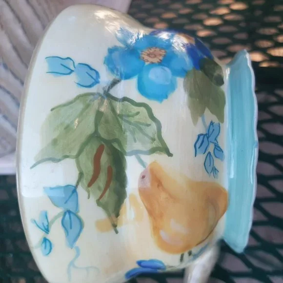 Tracy Porter Hand Painted 10oz Coffee Mug Tea Cup Yellow Blue Flowers Pear